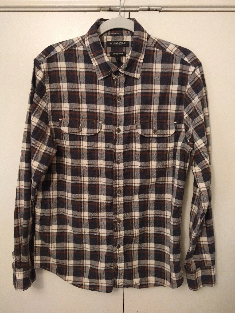 Banana Republic Luxe Untucked Slim Fit Plaid Long Sleeve Button Up Shirt Men's M